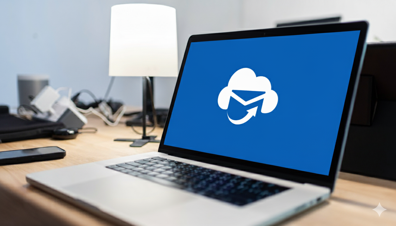 iPostal1 logo on a laptop screen on a desk in a home office